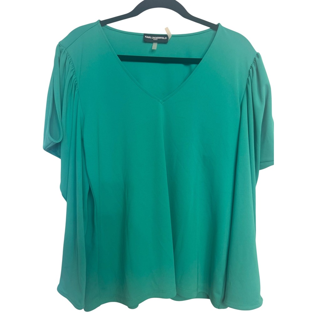Karl Lagerfeld Paris Womens Green V-Neck Pleated Short Sleeve Blouse Size M